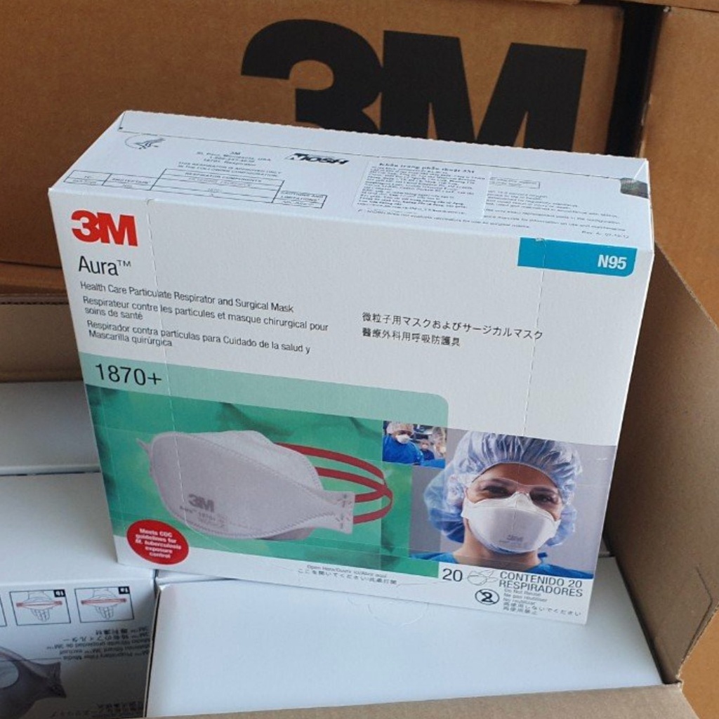 Khẩu trang 3M Aura 1870+, chuẩn N95, lọc bụi và y tế đeo qua đầu (20 Cái/Hộp, 120 Cái/ Thùng)
