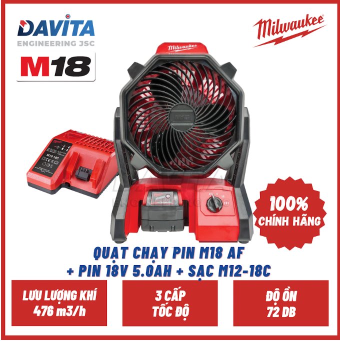 Nguyên bộ Quạt chạy pin M18 AF Milwaukee SET (kèm pin 5Ah và Sạc)