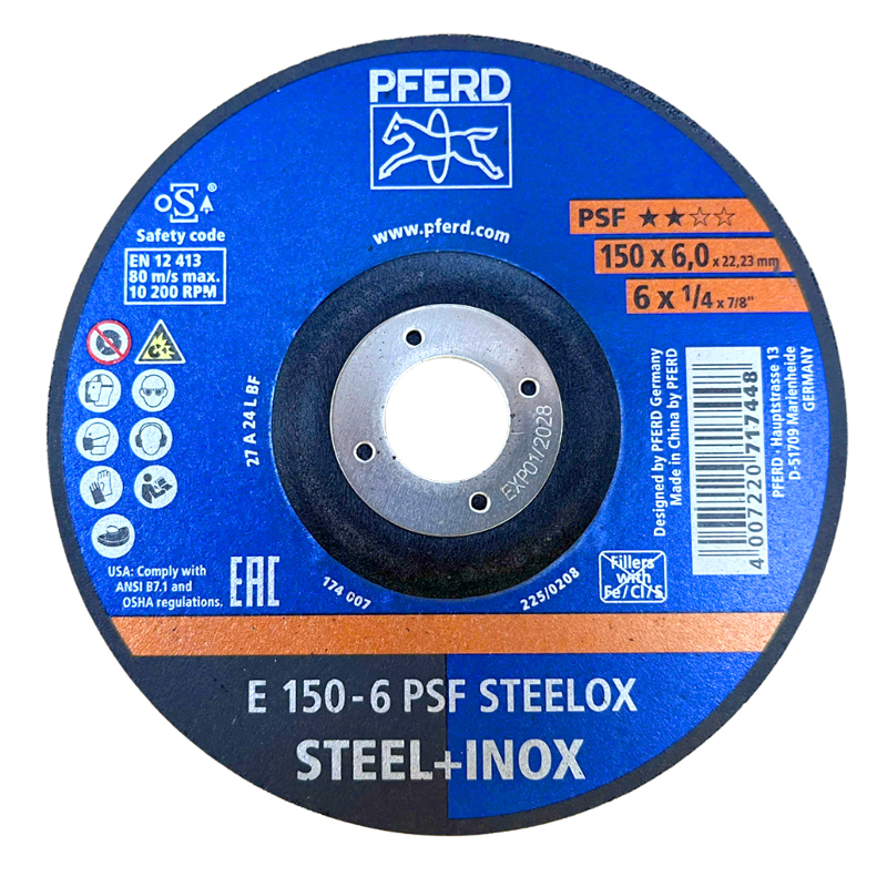 Pferd Grinding wheels 6 inch, size 150x6.3x22.23mm, E 150-6 PSF STEELOX, code 73000165