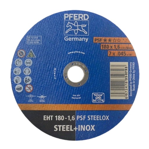 Pferd cutting disc 7 inch, size 180x1.6x22.23mm, EHT 180-1,6 PSF STEELOX, code 350793
