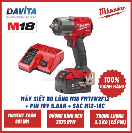 Milwaukee M18 FMTIW2F12 SET Mid-Torque Impact Wrench (include 5Ah battery and Charger)