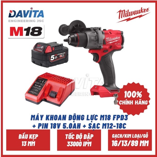 Nguyên bộ Máy khoan M18 FPD3 Milwaukee SET (kèm pin 5Ah và Sạc)