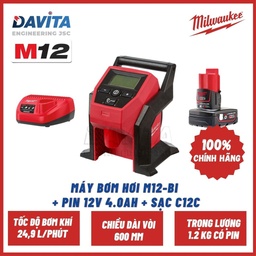 [EIDV05289] Nguyên bộ Máy bơm hơi dùng pin M12 BI Milwaukee SET (kèm pin M12B4 và sạc C12C)