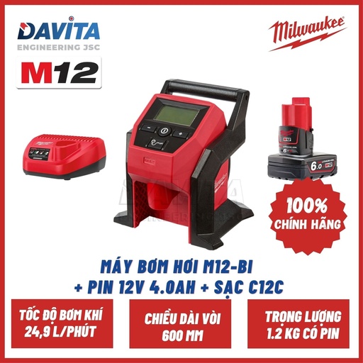 Nguyên bộ Máy bơm hơi dùng pin M12 BI Milwaukee SET (kèm pin M12B6 và sạc C12C)