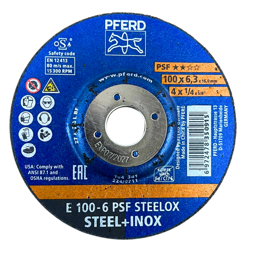 Grinding disc Pferd 4 inch, size 100x6,3x16 mm, E 100-6 type PSF Steelox