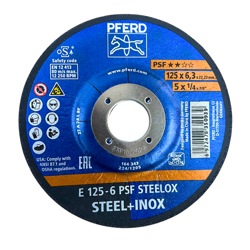 Grinding disc Pferd 5 inch, size 125x6.3x22.23mm, E 125-6 type PSF Steelox